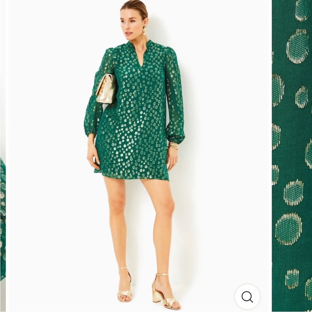 Lilly Pulitzer Green and Gold Polka Dot Long Sleeve Dress- Lauralyn Silk Dress